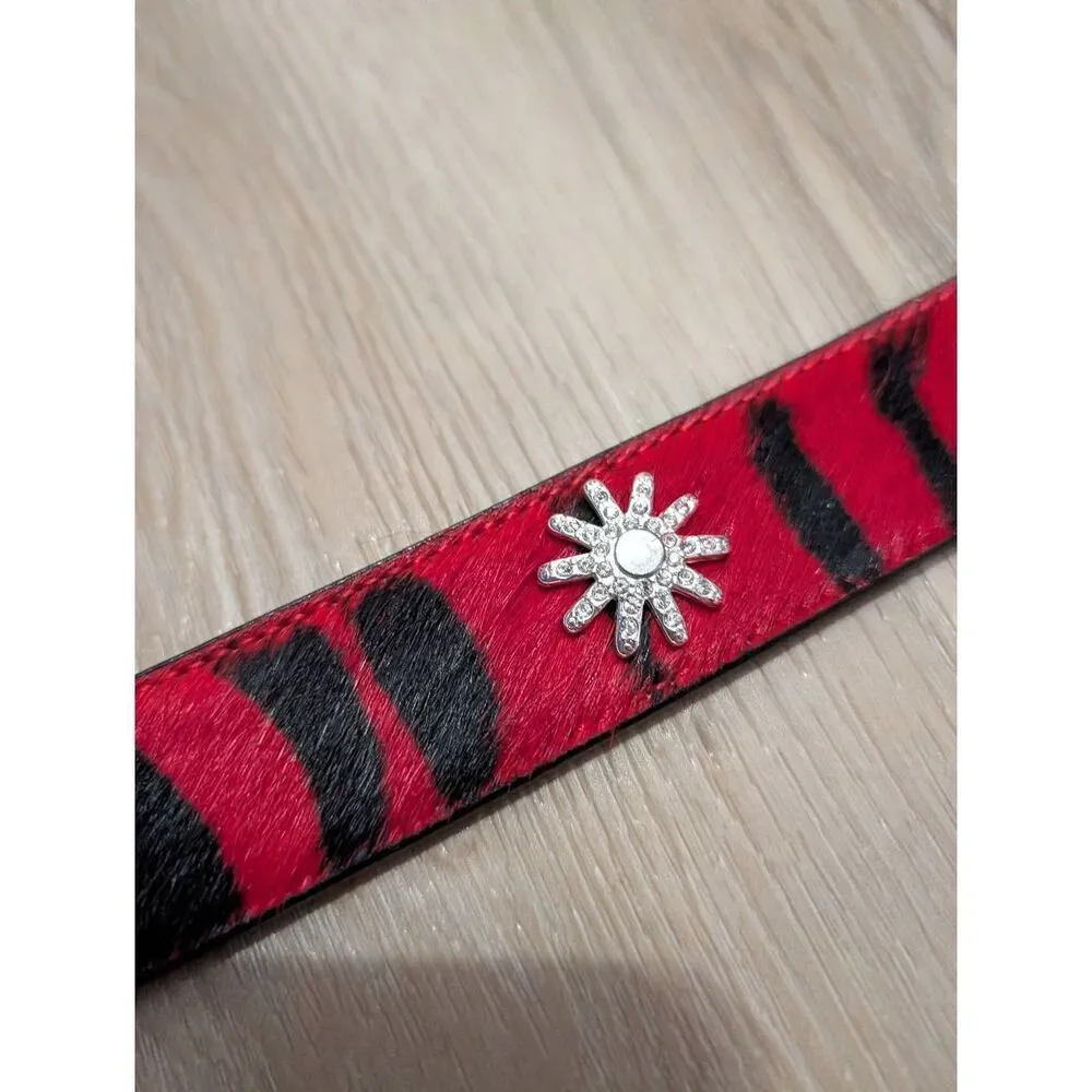 3D Leather Kids Small Red Zebra Hair-on-Hide Belt Western Rhinestone No Buckle
